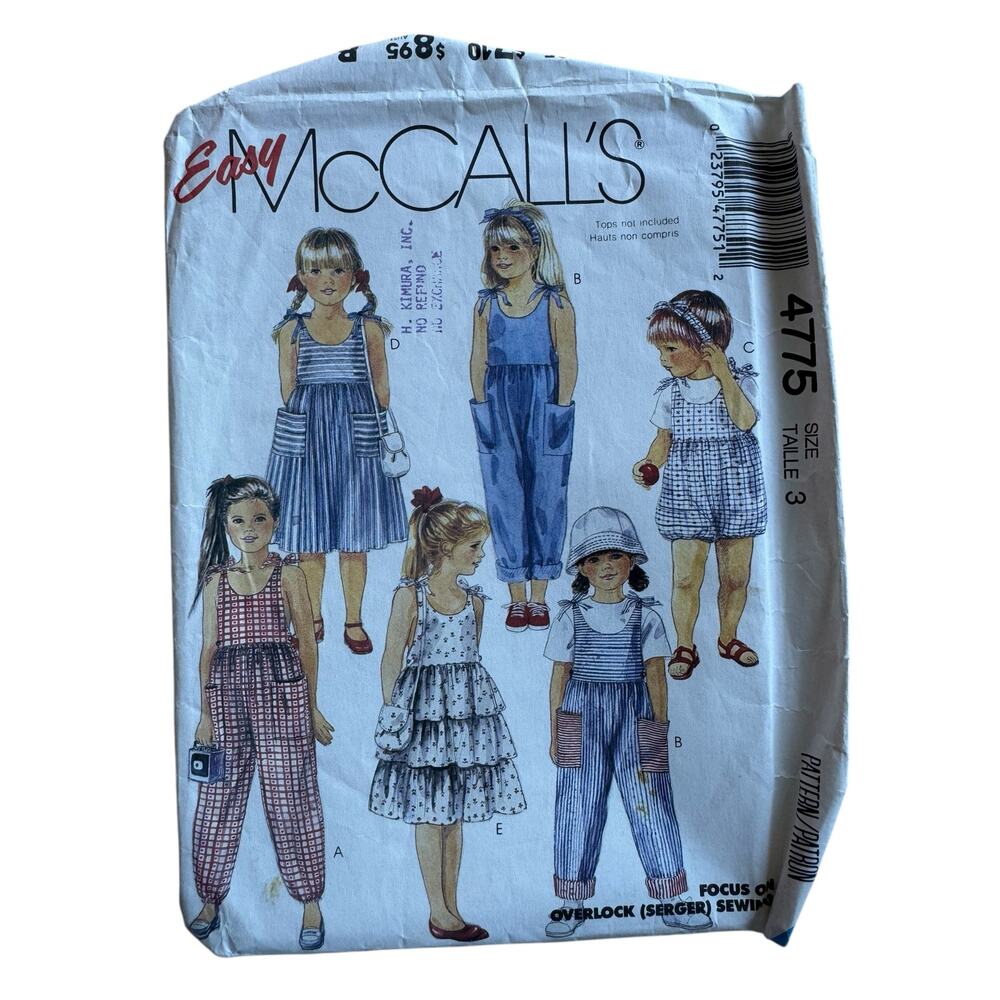 Vintage 1990 MCCALLS Kids Jumpsuit Romper Dress Pattern Size 3 #4775 Cut
